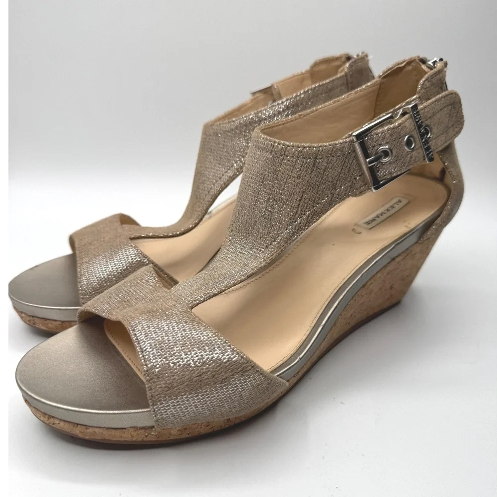 Alex Marie Metallic Gold T-Strap Cork Wedge Sandals Champagne size 9